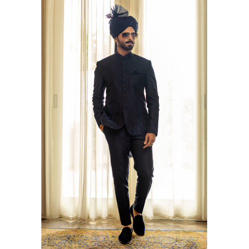 ZGMP1946 Dark Navy Blue Raw Silk Prince Suit