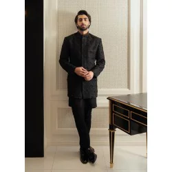 ZGMS1209 Black Raw Silk Sherwani