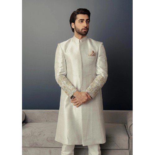 ZGMS1211 Silver Jamawar Sherwani