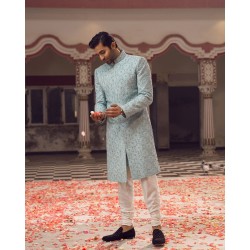 ZGMS1407 Powder Blue Karandi Sherwani
