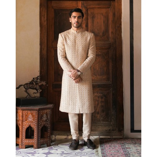 ZGMS1414 Deep Peach Raw Silk Sherwani