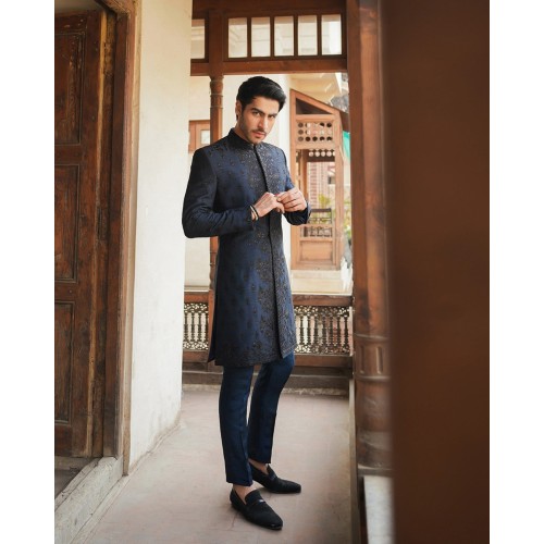 ZGMS1416 Space Cadet Raw Silk Sherwani