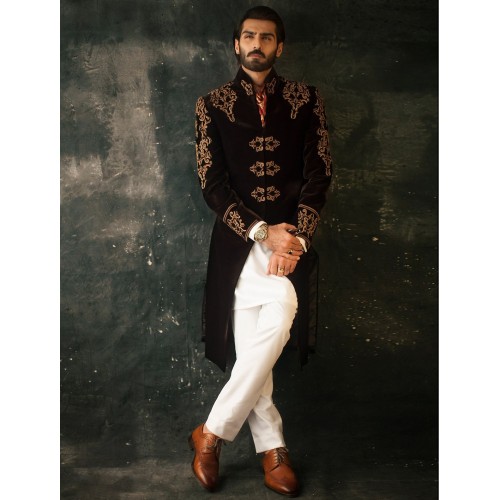 ZGMS1547 Dark Sienna Velvet Sherwani