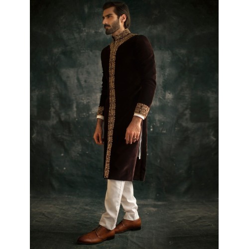 ZGMS1548 Dark Sienna Velvet Sherwani