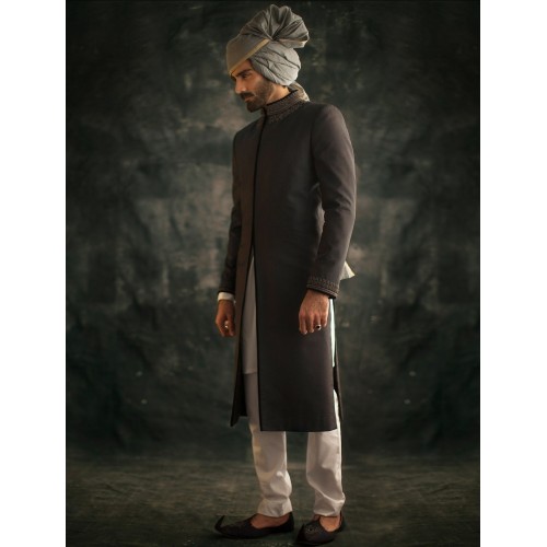 ZGMS1549 Dark Liver Jamawar Sherwani