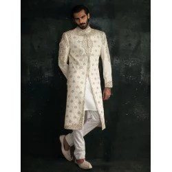 ZGMS1551 Cosmic Latte Raw Silk Sherwani