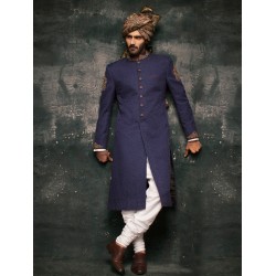 ZGMS1553 Dark Slick Blue Jamawar Sherwani