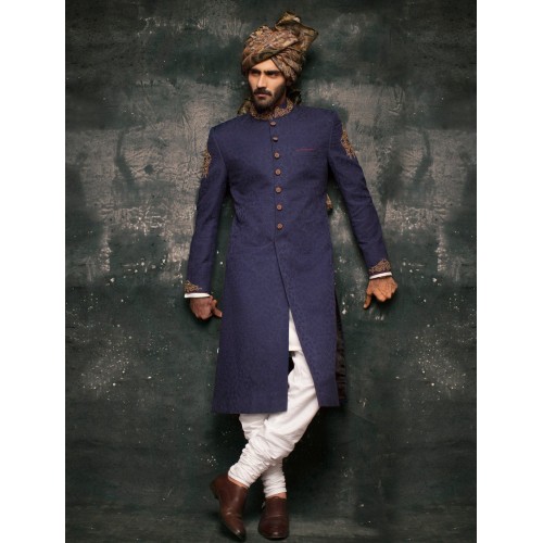 ZGMS1553 Dark Slick Blue Jamawar Sherwani