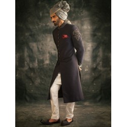ZGMS1555 Black Coffee Raw Silk Sherwani
