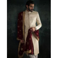 ZGMS1557 Cornsilk Jamawar Sherwani