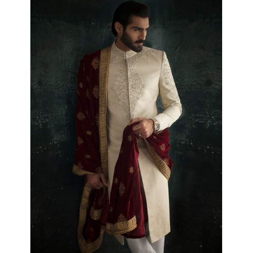 ZGMS1557 Cornsilk Jamawar Sherwani