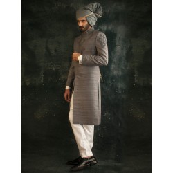 ZGMS1559 Middle Grey Raw Silk Sherwani