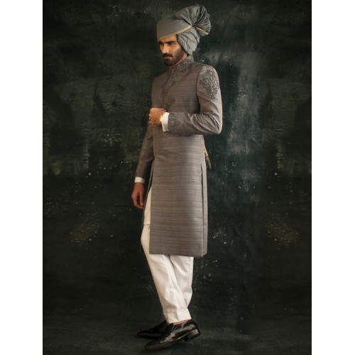 ZGMS1559 Middle Grey Raw Silk Sherwani