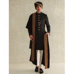 ZGMS1560 Black Raw Silk Sherwani