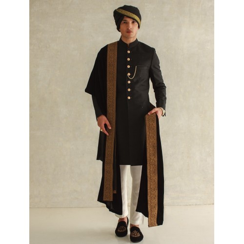 ZGMS1560 Black Raw Silk Sherwani
