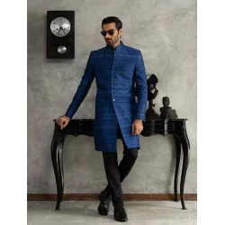 ZGMS1564 Polynesian Blue Raw Silk Sherwani