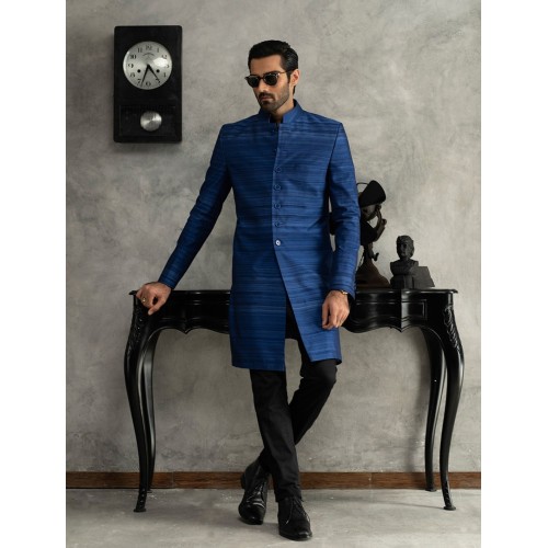 ZGMS1564 Polynesian Blue Raw Silk Sherwani
