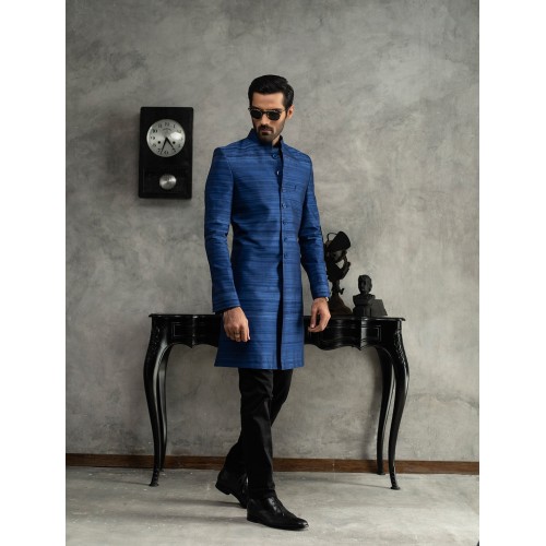 ZGMS1564 Polynesian Blue Raw Silk Sherwani
