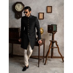 ZGMS1568 Black Raw Silk Sherwani