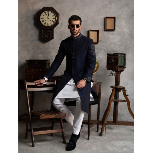 ZGMS1569 Oxford Blue Raw Silk Sherwani