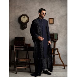 ZGMS1569 Oxford Blue Raw Silk Sherwani