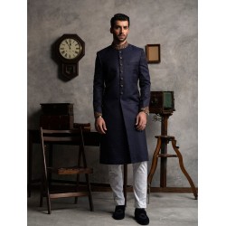 ZGMS1570 Oxford Blue Jamawar Sherwani