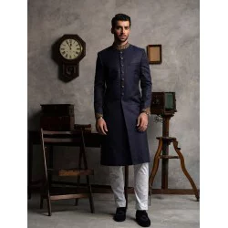ZGMS1570 Oxford Blue Jamawar Sherwani