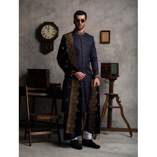 ZGMS1570 Oxford Blue Jamawar Sherwani