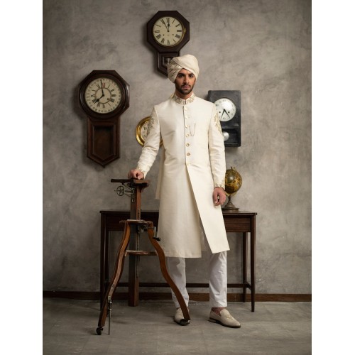 ZGMS1571 Cosmic Latte Raw Silk Sherwani