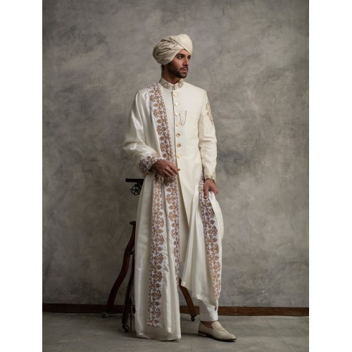 ZGMS1571 Cosmic Latte Raw Silk Sherwani