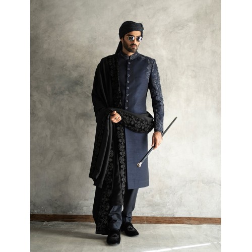 ZGMS1573 Dark Navy Raw Silk Sherwani