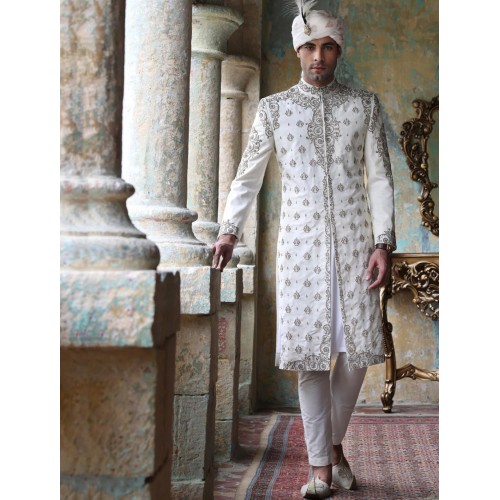 ZGMS1574 Off White Raw Silk Sherwani