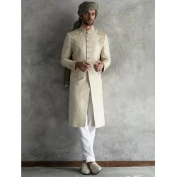 ZGMS1576 Beige Jamawar Sherwani