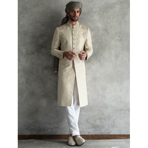 ZGMS1576 Beige Jamawar Sherwani