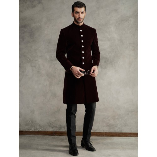 ZGMS1577 Dark Maroon Velvet Sherwani