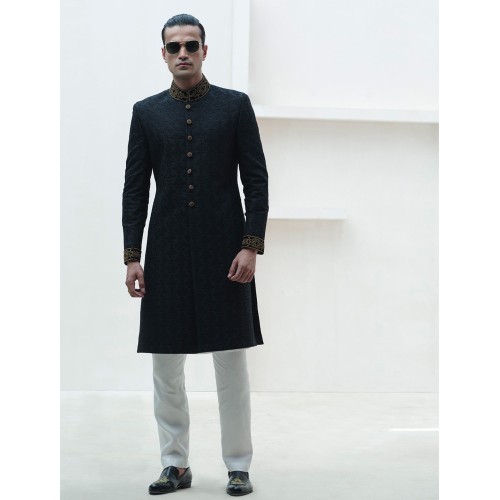 ZGMS1584 Black Raw Silk Sherwani