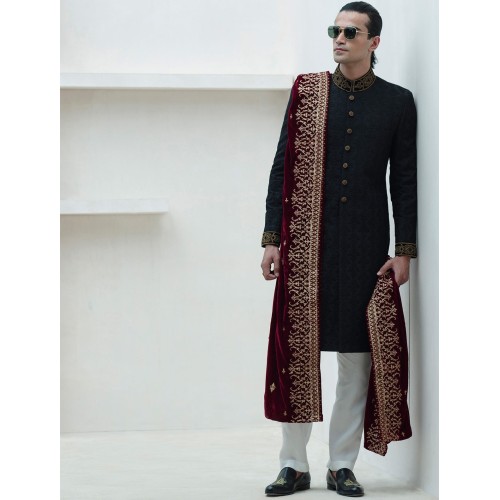 ZGMS1584 Black Raw Silk Sherwani