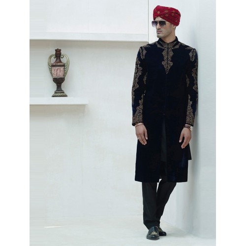 ZGMS1585 Dark Navy Blue Velvet Sherwani