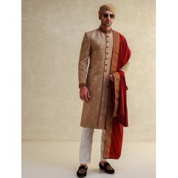 ZGMS1587 Camel Jacquard Sherwani