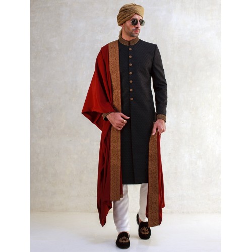 ZGMS1594 Black Embroidered Fabric Sherwani