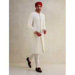 ZGMS1596 Off White Embroidered Fabric Sherwani