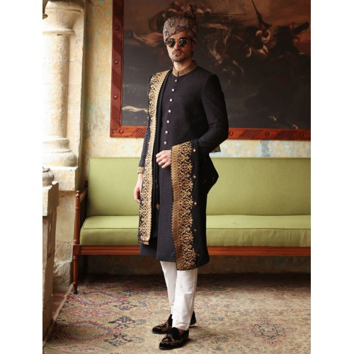 ZGMS1602 Black Check Dots Sherwani