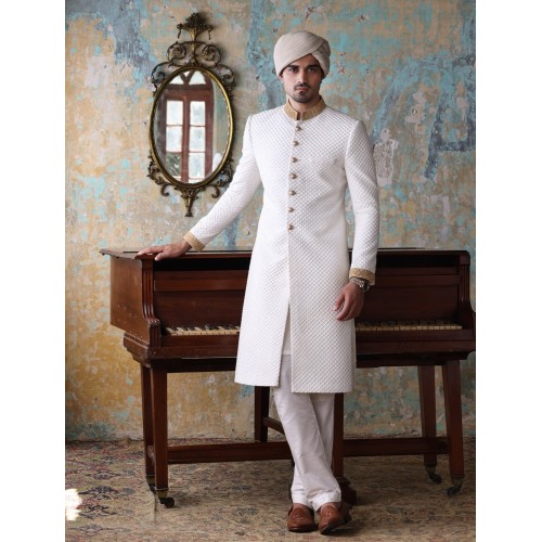 ZGMS1606 White Embroidered Sherwani
