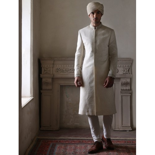 ZGMS1607 Off White Jamawar Sherwani