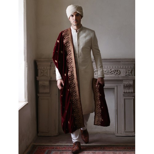 ZGMS1607 Off White Jamawar Sherwani