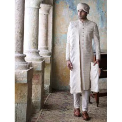 ZGMS1609 Off White Embroidered Sherwani