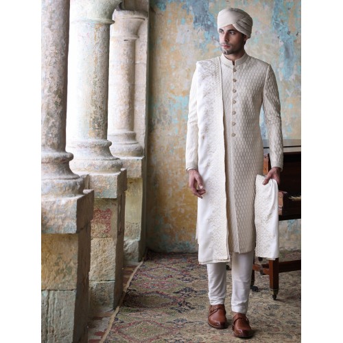 ZGMS1609 Off White Embroidered Sherwani