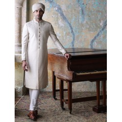 ZGMS1609 Off White Embroidered Sherwani