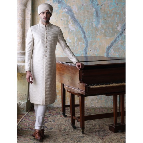 ZGMS1609 Off White Embroidered Sherwani