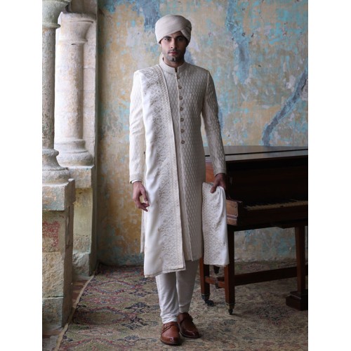 ZGMS1609 Off White Embroidered Sherwani